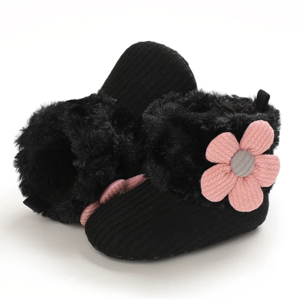 Baby Girl Flower Booties |  Non-Slip Soft Sole Shoes | Black