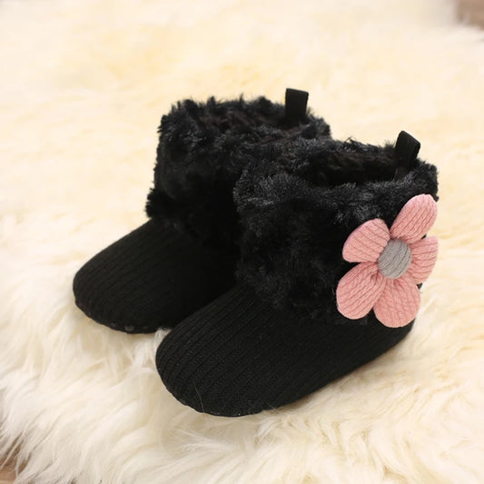 Baby Girl Flower Booties |  Non-Slip Soft Sole Shoes | Black