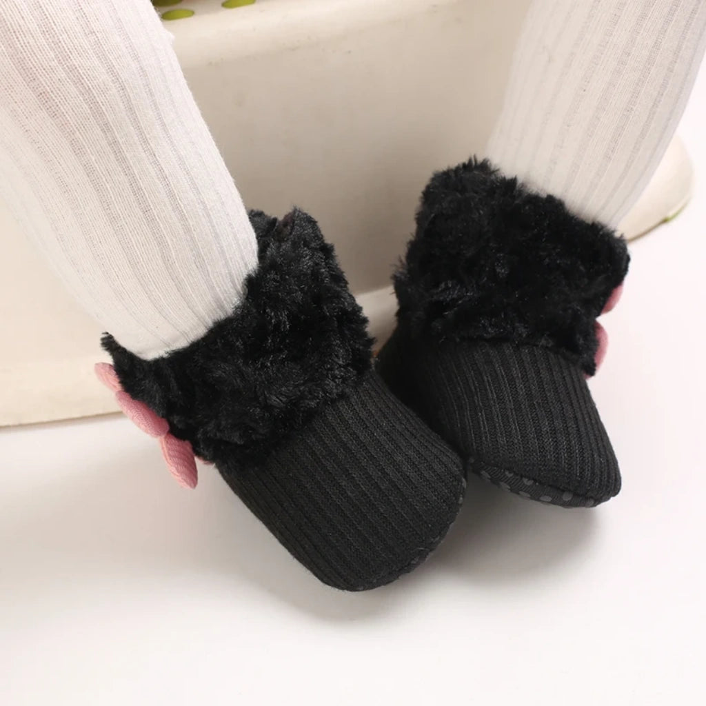 Baby Girl Flower Booties |  Non-Slip Soft Sole Shoes | Black