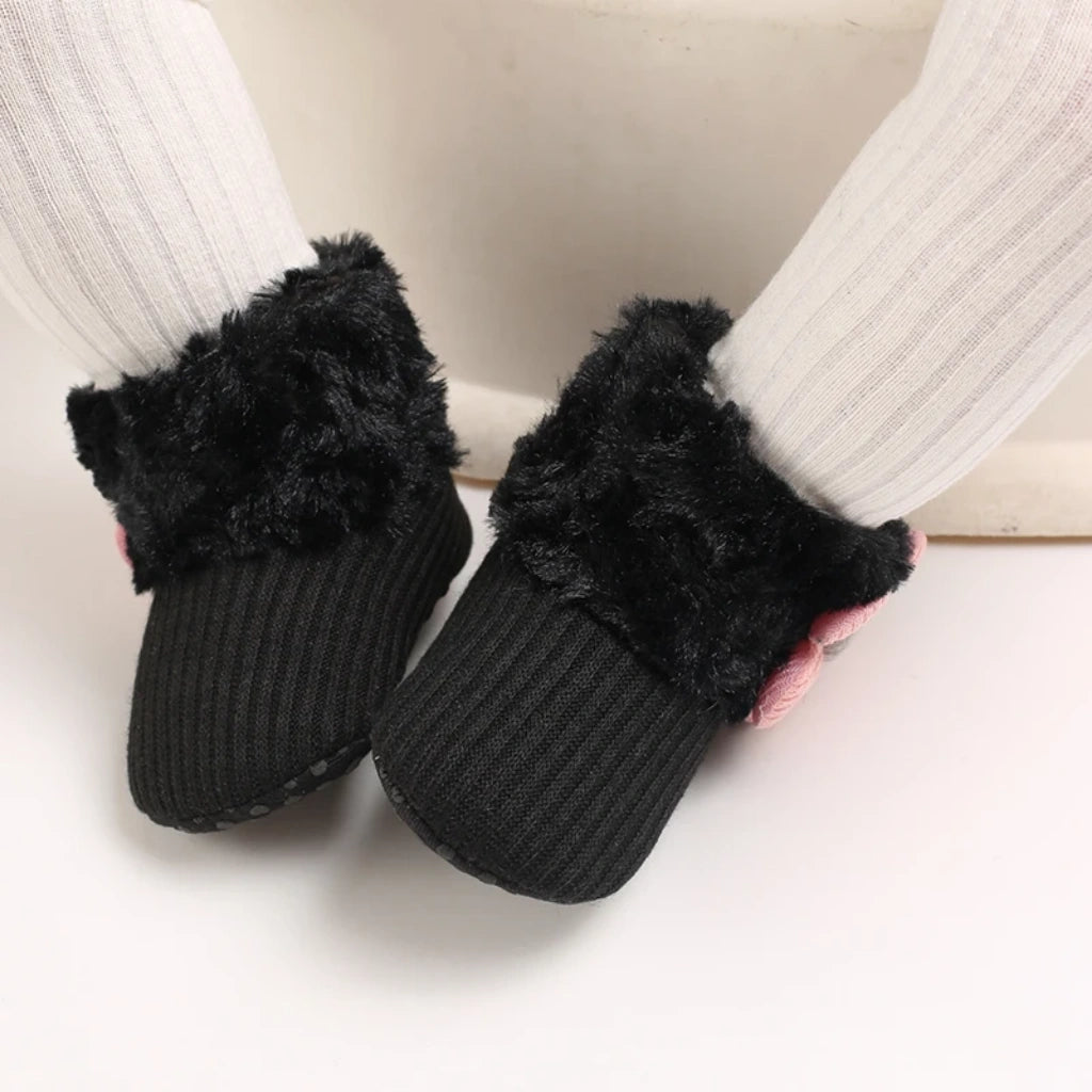 Baby Girl Flower Booties |  Non-Slip Soft Sole Shoes | Black