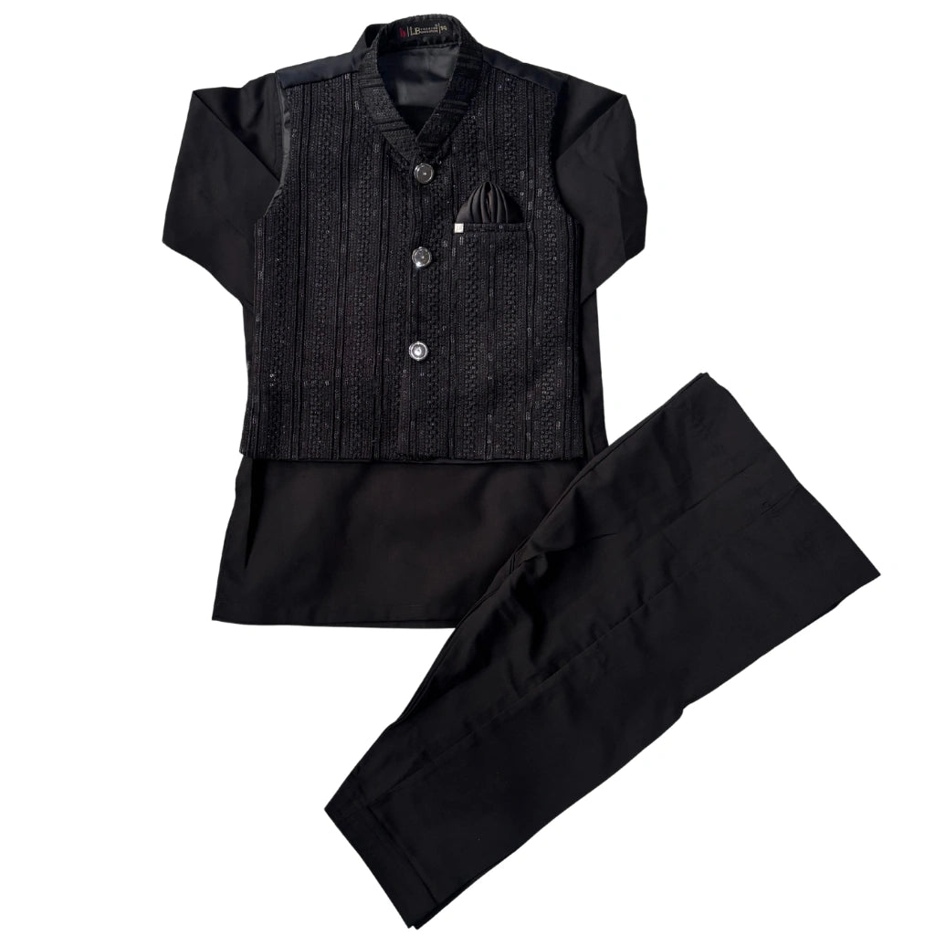 A black traditional Indian outfit set consisting of a short-sleeve kurta, a textured embroidered waistcoat, and matching trousers, displayed on a solid white background.