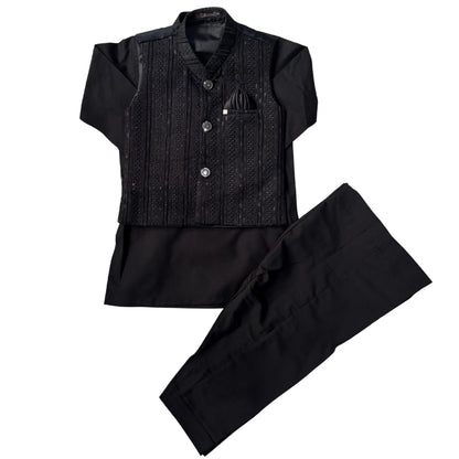 A black traditional Indian outfit set consisting of a short-sleeve kurta, a textured embroidered waistcoat, and matching trousers, displayed on a solid white background.
