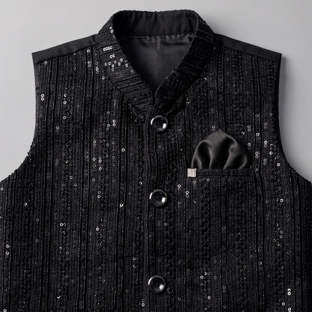 Boys 3-Piece Waistcoat Shalwar Kameez Set – Black Sequin