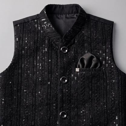 Boys 3-Piece Waistcoat Shalwar Kameez Set – Black Sequin