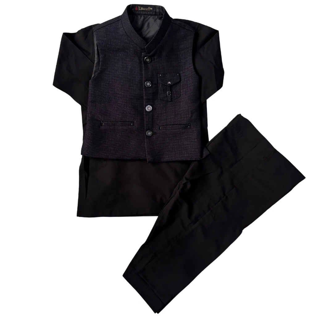 A black Indian ethnic suit set consisting of a textured waistcoat, a matching long-sleeve shirt, and trousers, laid out on a solid white background.