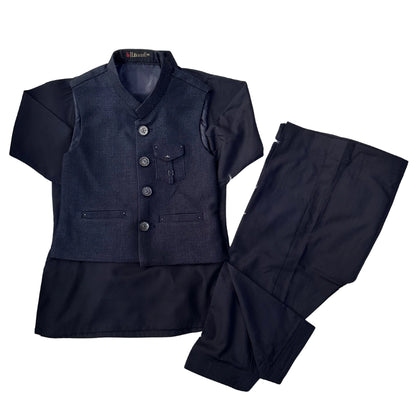 A dark navy blue traditional Indian outfit set consisting of a short-sleeved vest with a mandarin collar and button front, paired with matching straight-leg trousers, laid flat on a white background.