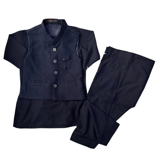 A dark navy blue traditional Indian outfit set consisting of a short-sleeved vest with a mandarin collar and button front, paired with matching straight-leg trousers, laid flat on a white background.