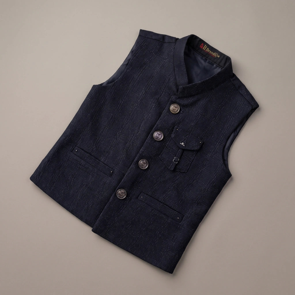 A dark navy blue textured waistcoat vest with a mandarin collar, button closure, and flap pockets, laid flat on a neutral beige background.