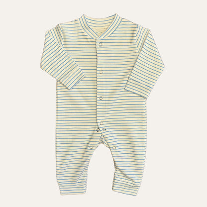 The Alaya Junior Summer Carters Pack Of 3 Open Feet Romper in blue color is perfect for your little one. This long-sleeve romper features snap buttons down the front, a white background with light green horizontal stripes, and is made from organic cotton to keep your baby cozy during winter.