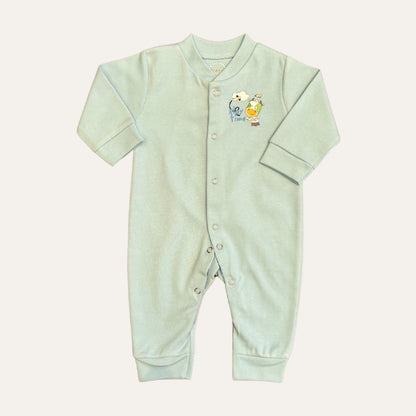 Introducing the Alaya Junior Summer Carters Pack Of 3 Open Feet Romper in Blue. These rompers are made from organic cotton and feature long sleeves with ankle-length legs. The stylish design includes snap buttons down the front and an embroidered design on the chest area, showcasing two adorable cartoon animals, one grey and one yellow, standing side by side - a perfect addition to your baby's winter essentials.