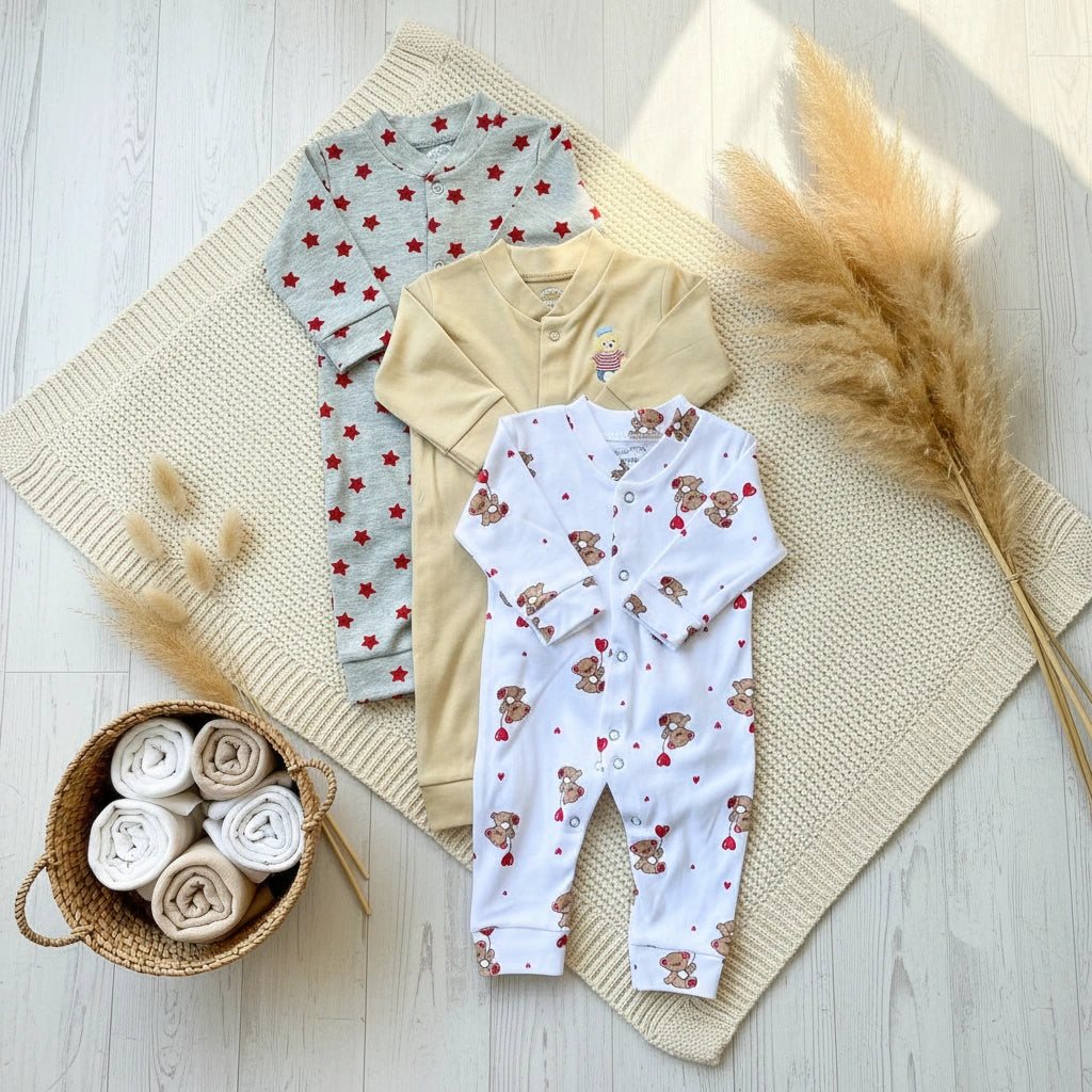 Three baby rompers with different patterns on a white background