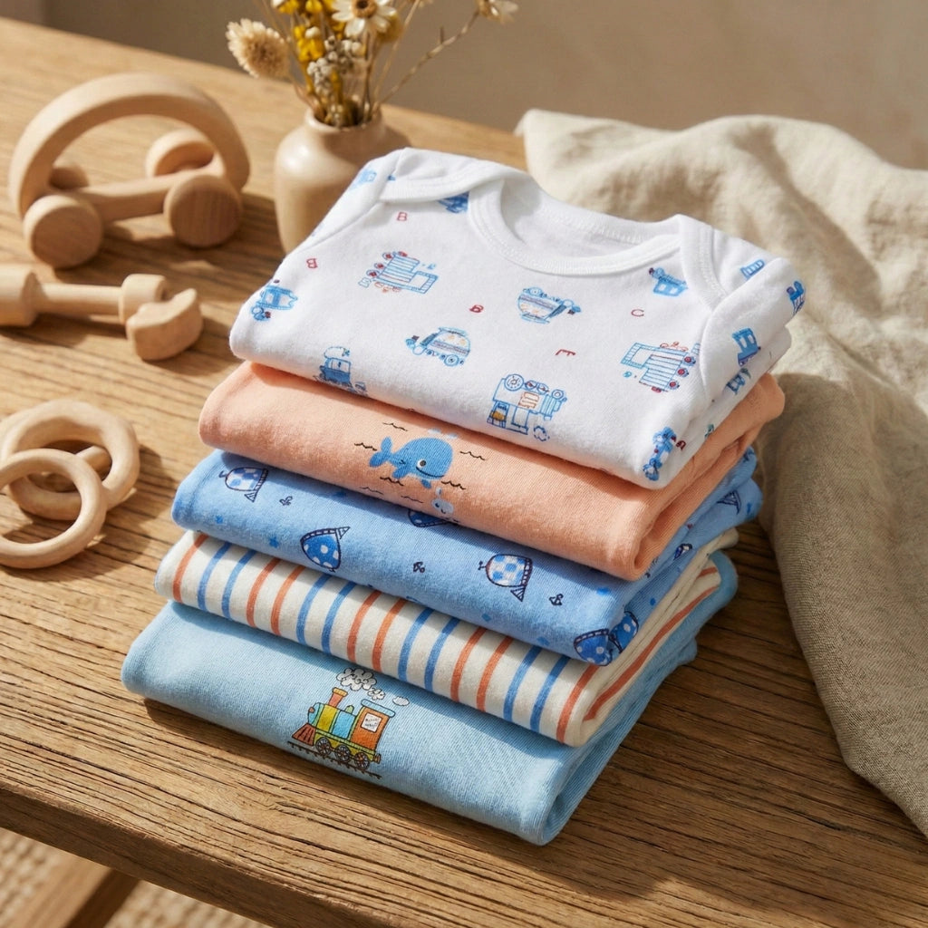 Stack of folded baby clothes with toys and a blanket on a wooden surface