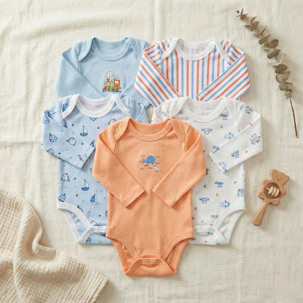 Collection of baby onesies with various patterns on a textured surface.
