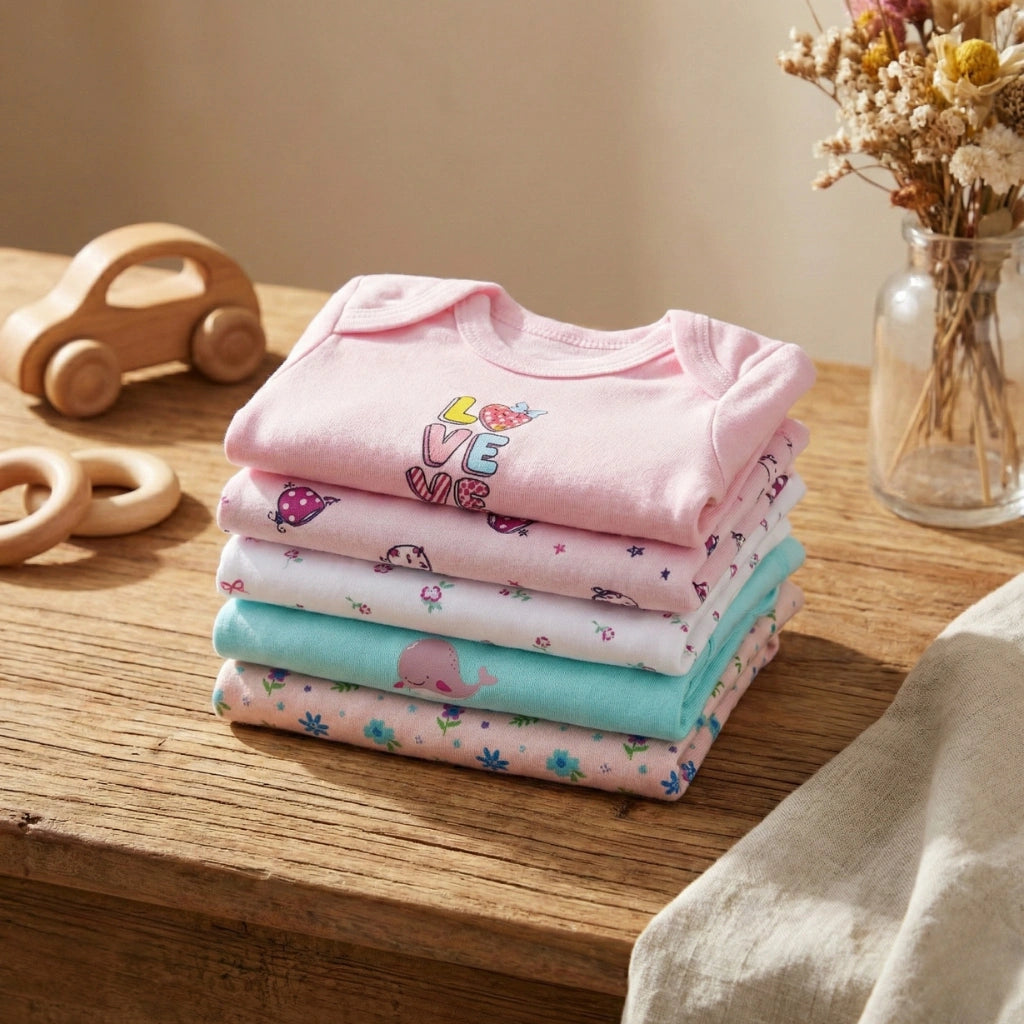 Stack of colorful baby clothes on a wooden surface with toys and a vase in the background.