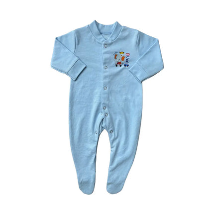 Introducing the Carter's Pack Of 3 Baby Girl/Boy Footed Rompers in a blue-themed design. Each romper is made from ultra-soft cotton and features long sleeves along with footies. Adorned with small embroidered animal designs, these rompers offer convenient snap-button closures down the front for ease of use.