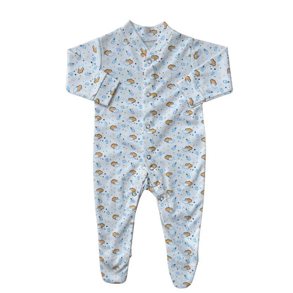 The Carter's Pack of 3 Baby Girl/Boy Footed Rompers in a blue-themed design includes an ultra-soft cotton infant onesie with light blue shades. It showcases adorable small cartoon bear and cloud patterns, has long sleeves, closed feet, and features convenient snap-button closures down the front for optimal comfort and ease.