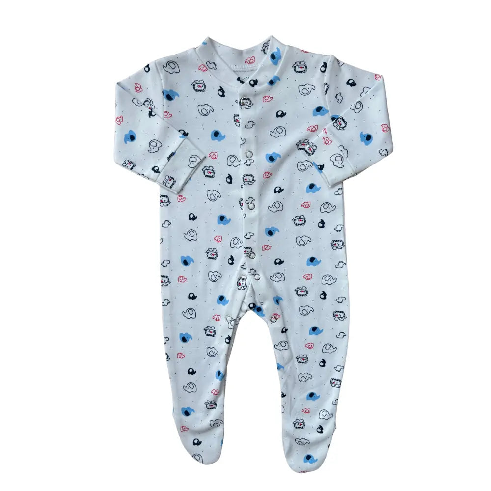 The Carter's Pack Of 3 Baby Girl/Boy Footed Rompers showcases an ultra-soft cotton onesie with long sleeves, featuring a charming light blue background decorated with clouds, hearts, and small designs in black, pink, and blue. This adorable romper includes covered feet and convenient snap-button closures down the front.