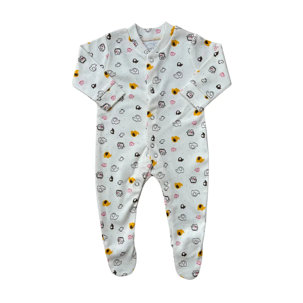 The Carter's Pack Of 3 Baby Girl/Boy Footed Rompers in a yellow-themed design is made from ultra-soft cotton and includes snap-button closures down the front. It features an adorable pattern of small, cute animals like sheep, ducks, and bears in various colors. The romper comes with long sleeves and footed legs for cozy comfort.