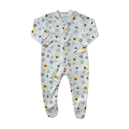 The Carter's Pack Of 3 Baby Girl/Boy Footed Rompers in a yellow-themed design is made from ultra-soft cotton and includes snap-button closures down the front. It features an adorable pattern of small, cute animals like sheep, ducks, and bears in various colors. The romper comes with long sleeves and footed legs for cozy comfort.