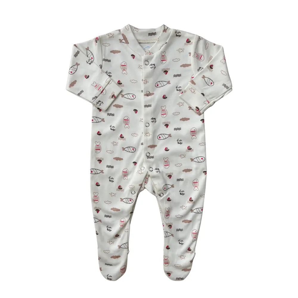 Introducing the Carter's Pack of 3 Baby Girl/Boy Footed Rompers in a delightful yellow-themed collection. These rompers are crafted from ultra-soft cotton for ultimate comfort and feature long sleeves. Each romper showcases a charming pattern of cartoon fish and nautical elements in shades of red, brown, and gray. Designed with convenience in mind, they include snap-button closures down the front and legs for easy dressing.