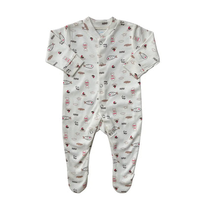 Introducing the Carter's Pack of 3 Baby Girl/Boy Footed Rompers in a delightful yellow-themed collection. These rompers are crafted from ultra-soft cotton for ultimate comfort and feature long sleeves. Each romper showcases a charming pattern of cartoon fish and nautical elements in shades of red, brown, and gray. Designed with convenience in mind, they include snap-button closures down the front and legs for easy dressing.