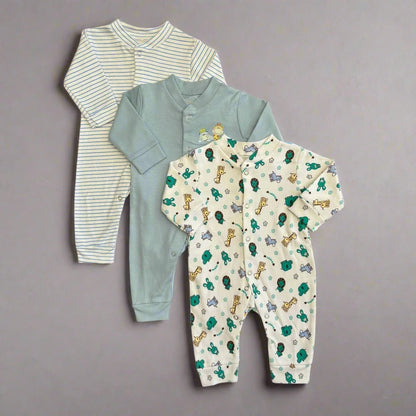 Three open feet rompers from the Summer Carters Pack of 3 by Alaya Junior are laid out on a gray background. The first romper is adorned with white and light gray stripes, the second is a solid light green, and the third showcases a playful animal print featuring giraffes, turtles, and elephants in blue, green, and yellow—perfect for any newborn baby or as infant clothing in Pakistan.