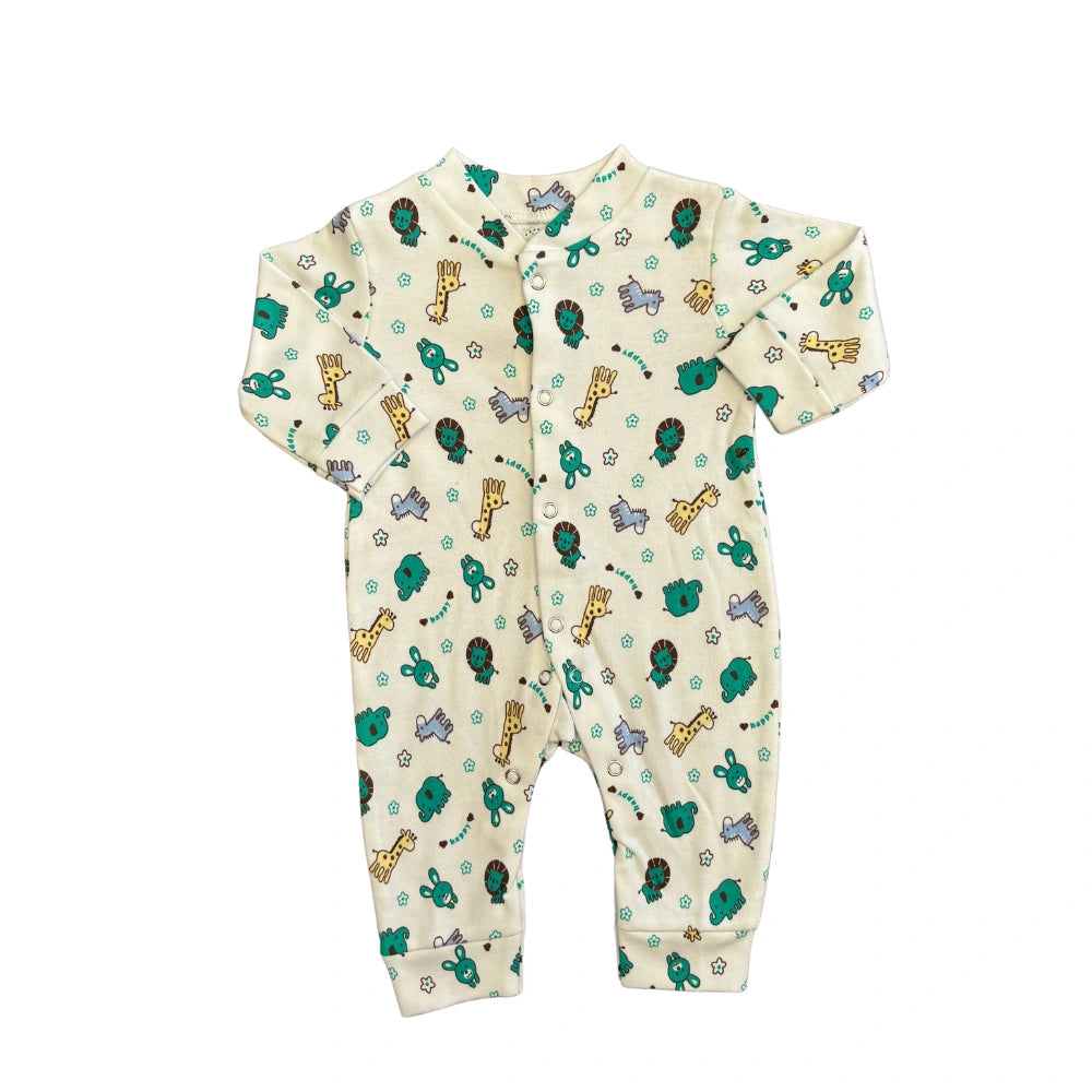 The Alaya Junior Summer Carters Pack Of 3 Open Feet Romper in blue features long sleeves and playful, colorful animal prints such as giraffes, elephants, and trees against a light beige background. This romper includes a convenient front snap closure extending from the neckline to the legs, making it an ideal choice for newborn baby and infant clothing collections in Pakistan.