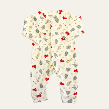 Introducing Alaya Junior's Carters Pack Of 3 Open Feet Rompers in a Peach & Grey Combination. Ideal for newborns in Pakistan, this romper features a charming white background with playful yellow giraffes, red lions, gray koalas, and light gray rabbits. With long sleeves and convenient snap buttons running down the front for easy closure, it provides both comfort and style for your little one.