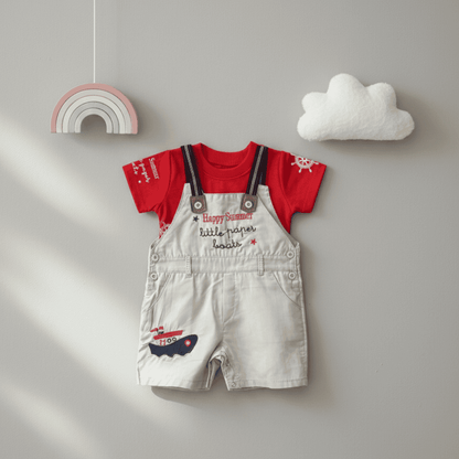 Children's outfit with red shirt and denim overalls on a gray background