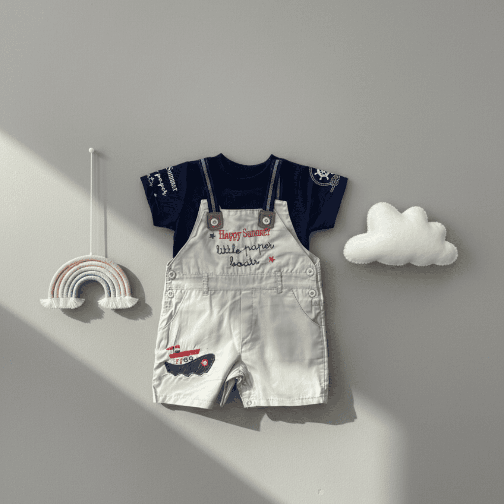 Children's outfit with navy shirt and white overalls on a gray background