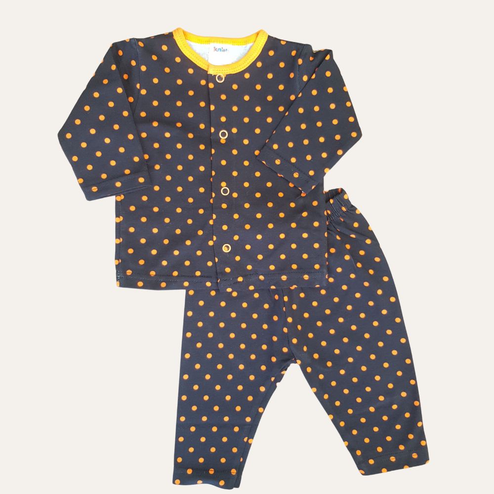 Introducing the Alaya Junior's Printed Dots Night Suit for newborns, a charming two-piece set that includes a dark blue long-sleeve shirt and pants adorned with an orange polka dot pattern. The shirt features a bright yellow neckline and buttons down the front, making it perfect infant clothing from Pakistan.