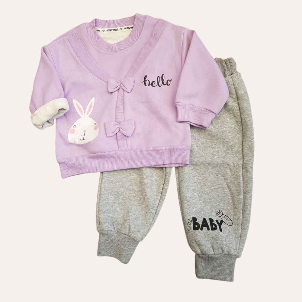 Introducing the Fleece-Lined Long Sleeve Toddler Girl Sweatshirt and Trousers 2-Pack Set by Alaya Junior: This adorable newborn outfit features a lavender long-sleeve shirt adorned with a pink bow, a white rabbit graphic, and the cheerful word "hello." Paired perfectly with gray sweatpants that display the text "baby" and a cute carrot graphic, this set is ideal for those seeking stylish infant clothing in Pakistan.