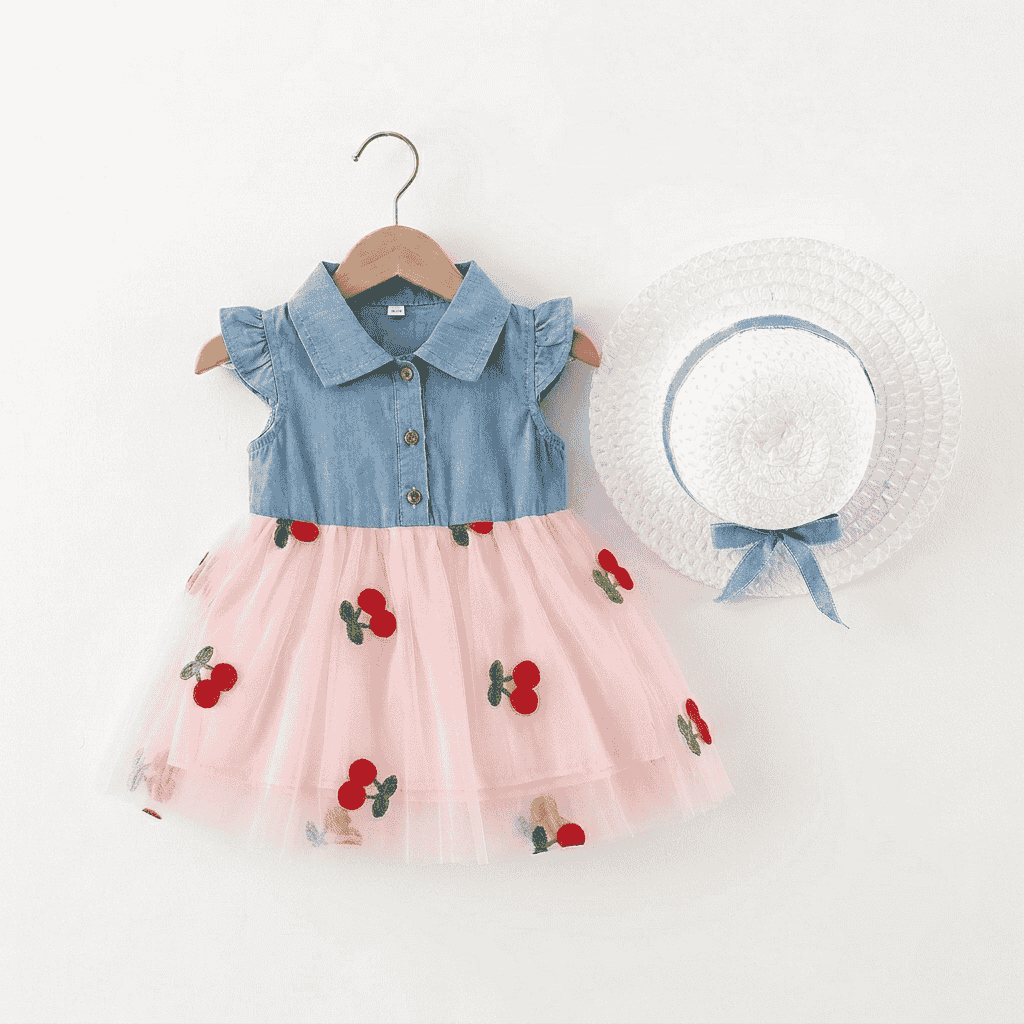 Baby Girls Cherry Summer Dress with Hat (Pink & White)