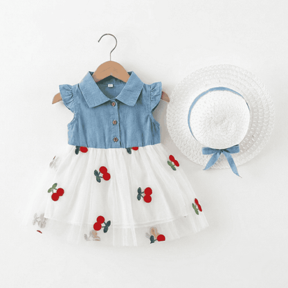Baby Girls Cherry Summer Dress with Hat (Pink & White)