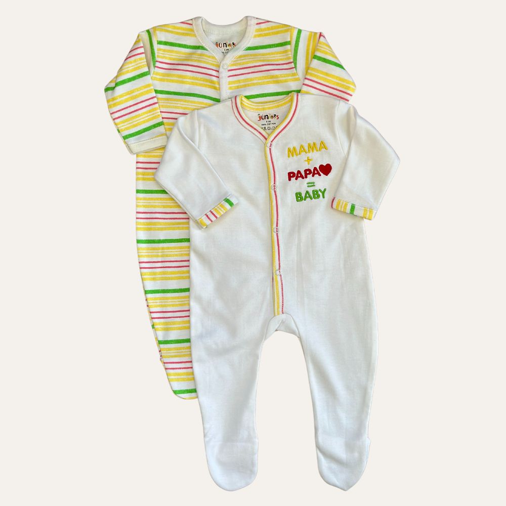 Juniors Duo: Footed Rompers Set (White and Lining Rainbow)
