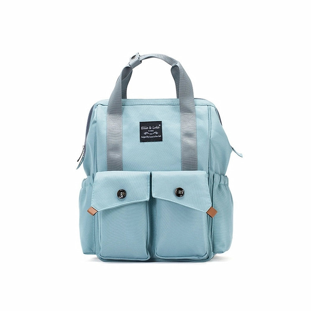 The Ellie & Luke Multifunctional Diaper Bag (Blue) by Ellie And Luke is a modern, stylish light blue bag with gray straps and multiple front pockets, featuring a small black label. This unisex design includes insulated bottle holders for perfect everyday use.