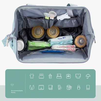 The Ellie & Luke Multifunctional Diaper Bag (Blue) is a stylish unisex diaper bag with organized compartments for baby bottles, diapers, wipes, pacifiers, and more. It features insulated bottle holders and an illustration displaying versatile items it can hold like clothing and bibs.