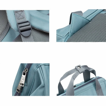 Close-up images of the stylish Ellie & Luke Multifunctional Diaper Bag (Blue) by Ellie And Luke. Top left: strap with buckle, top right: mesh pocket detail, bottom left: zipper with lock, bottom right: carrying handles with snap button. Includes insulated bottle holders for on-the-go parents.