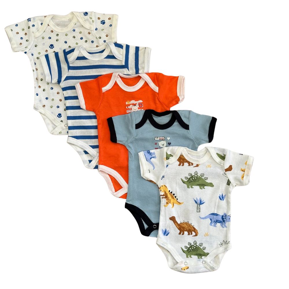 A fan-shaped set of Five-Pack Cozy Cotton Short Sleeve Bodysuits-Blues, designed by Alaya Junior. The collection features: a white bodysuit with small animal prints, blue and white stripes, orange with a small dinosaur graphic, light blue with a central dinosaur graphic, and white adorned with various dinosaur prints. The perfect gift for any baby!