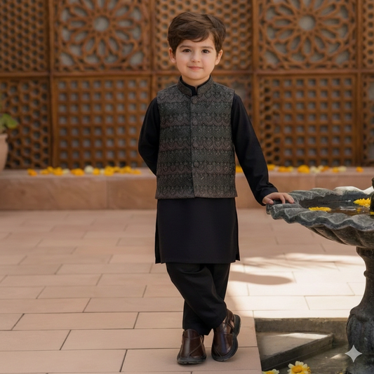 Baby Boy Kurta Shalwar with Bronze Embroidered Waistcoat 3-Piece Set (1-4Y)