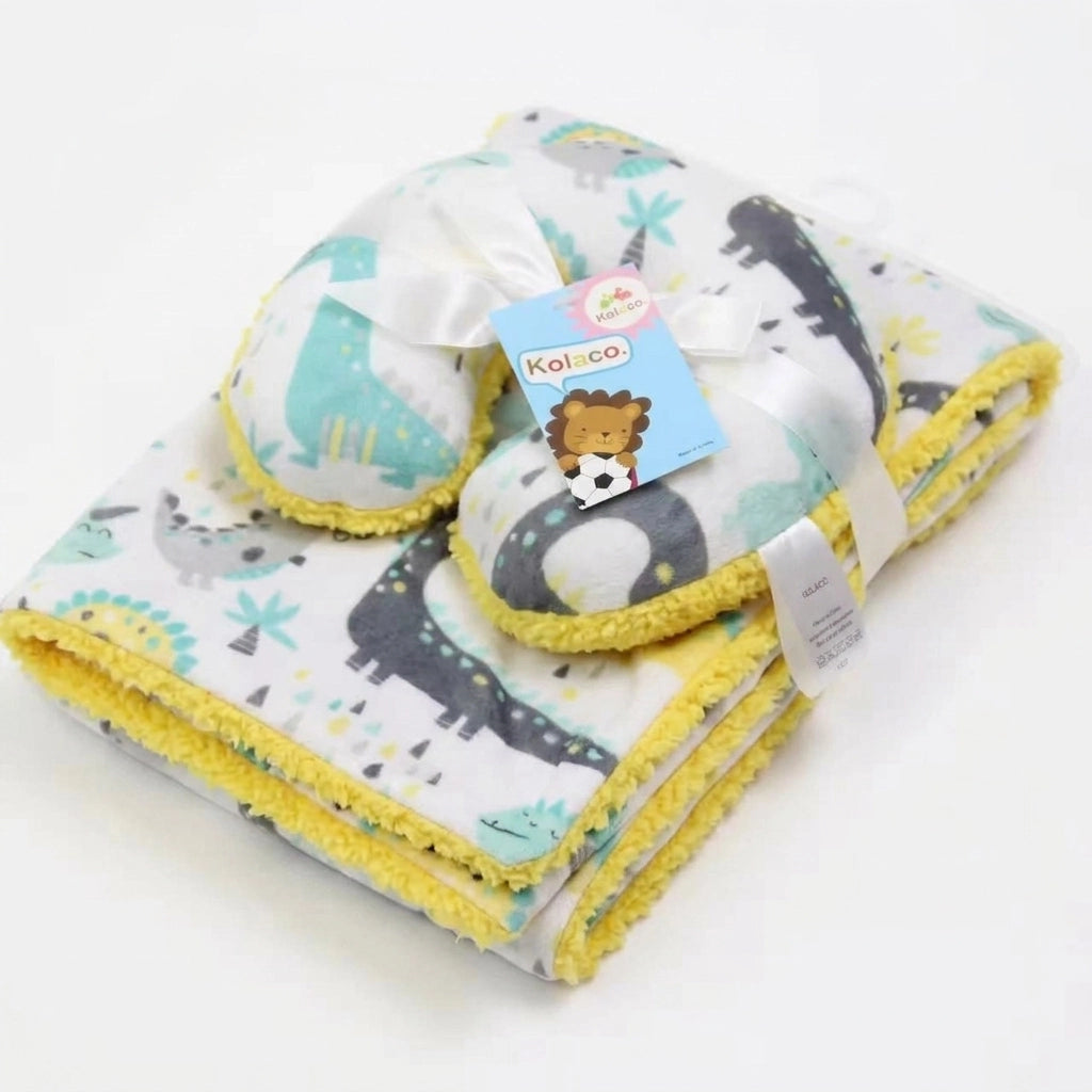 Cozy Polyester Fleece Neck Pillow and Plush Velvet Baby Blanket (Dinosaur Design)