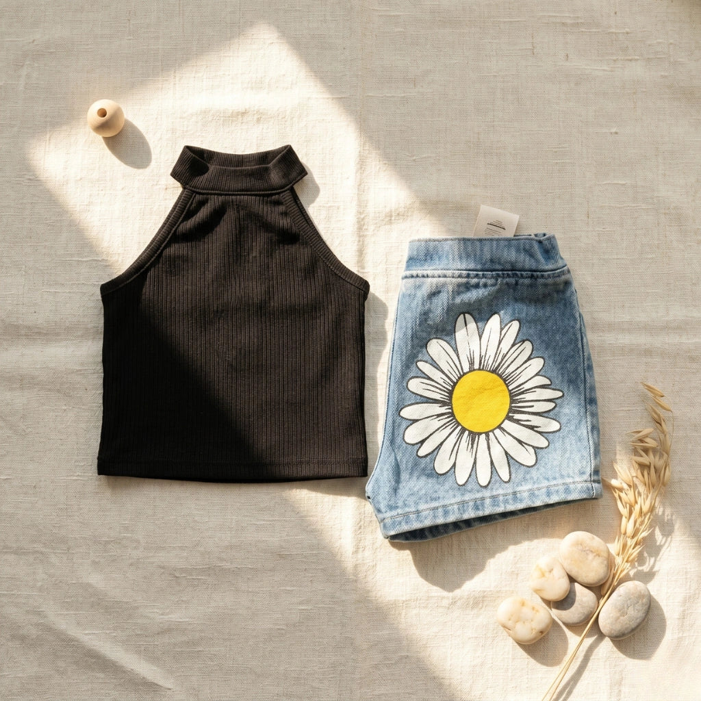 Girls Daisy Denim Shorts & Ribbed Bodysuit Set — 3 Colours