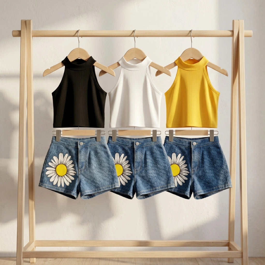 Girls Daisy Denim Shorts & Ribbed Bodysuit Set — 3 Colours