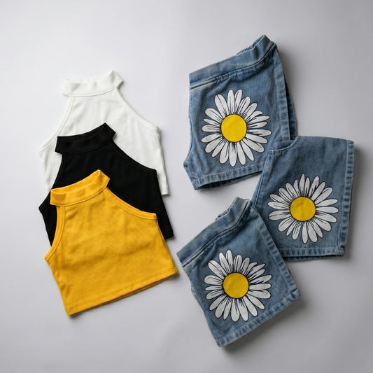 Girls Daisy Denim Shorts & Ribbed Bodysuit Set — 3 Colours