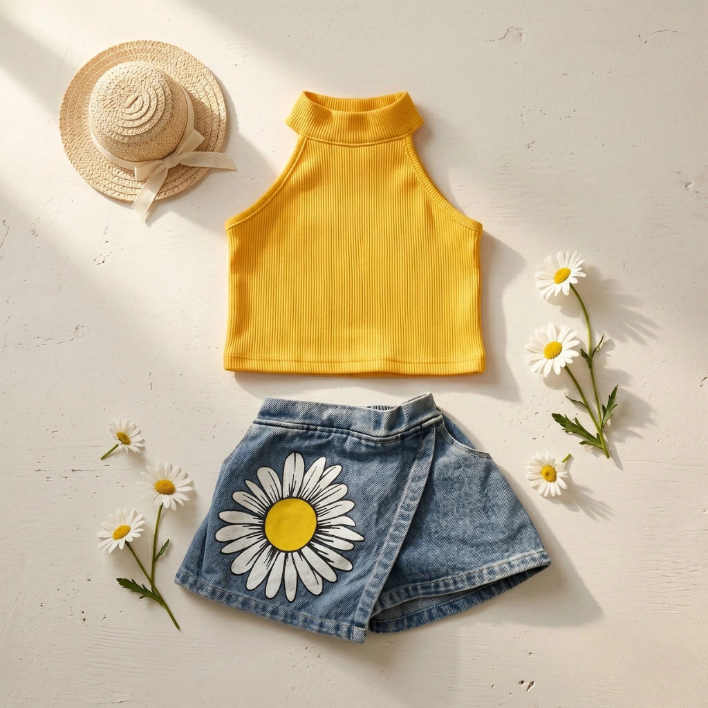 Girls Daisy Denim Shorts & Ribbed Bodysuit Set — 3 Colours