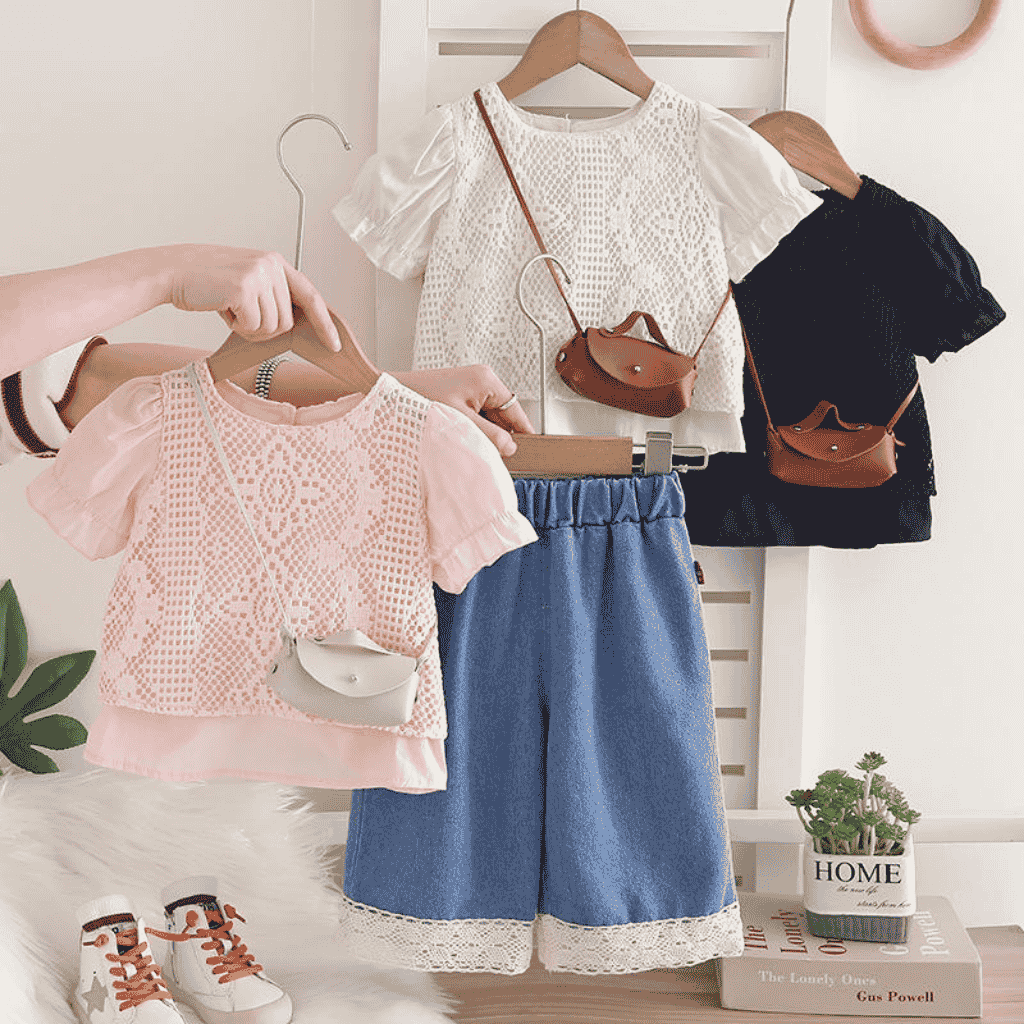 Girls Summer Lace Top & Denim Culotte Set with Mini Bag – 3 Piece Outfit