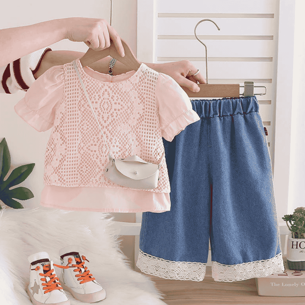 Girls Summer Lace Top & Denim Culotte Set with Mini Bag – 3 Piece Outfit