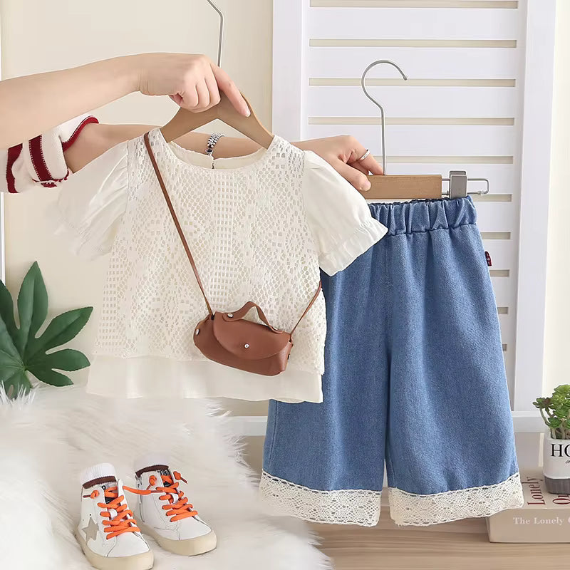 Girls Summer Lace Top & Denim Culotte Set with Mini Bag – 3 Piece Outfit
