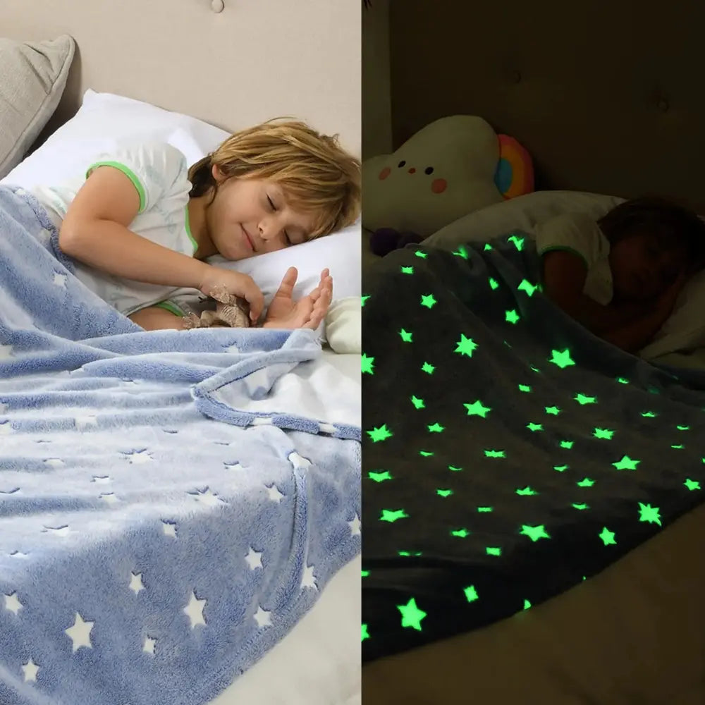 Split image: Left shows a child sleeping under an ultra-soft Alaya Junior blanket with butterfly and star patterns, cuddling a small animal. Right shows the same child asleep under an Alaya Junior Glow in the Dark Blanket with bright green stars illuminating the dark room.