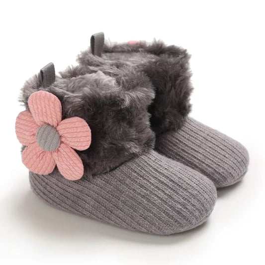 Baby Girl Flower Booties |  Non-Slip Soft Sole Shoes | Grey